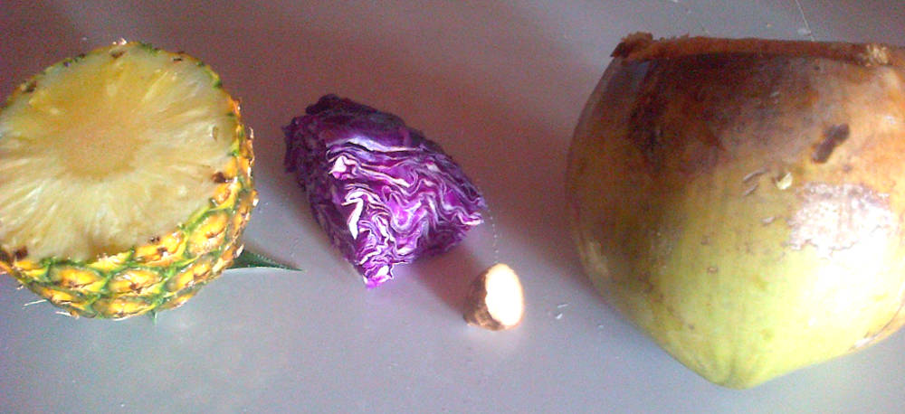 Pink Pineapple Ginger Smoothie ingredients: Pineapple, Purple Cabbage, Ginger, Young Coconut 