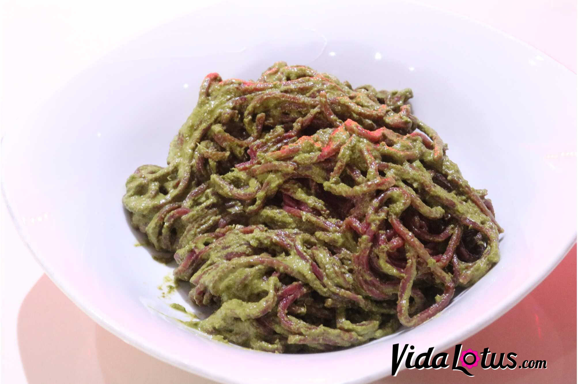 Beet-Wheat homemade Spaghetti noodles topped with Basil Pesto